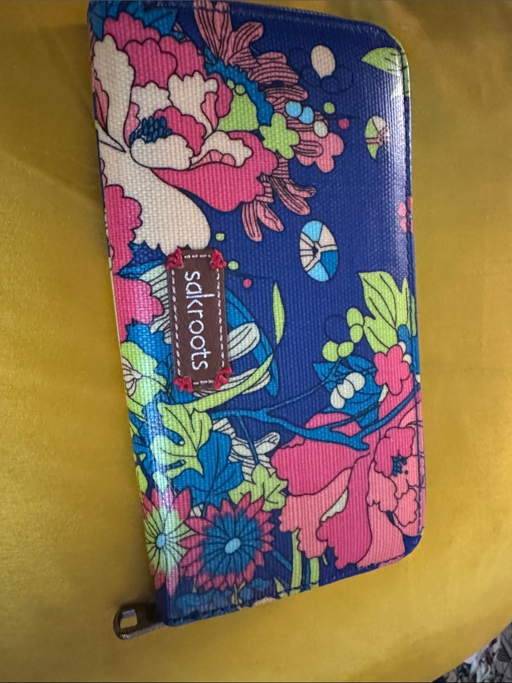 Sakroots Blue Floral Zip Wallet with Pink and Lime Accents